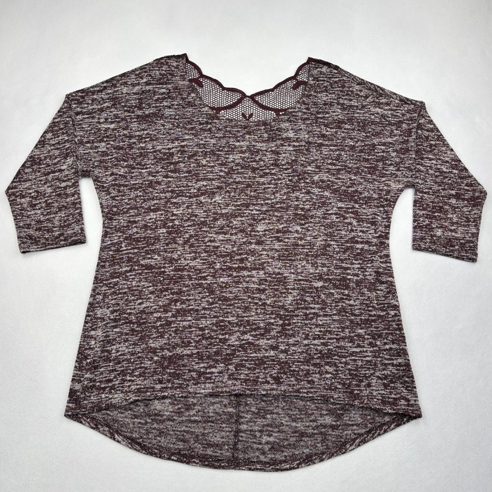 Soho NY&C Womens Small Marled Maroon Top Open Back Crochet Lace 3/4 Sleeve Shirt
